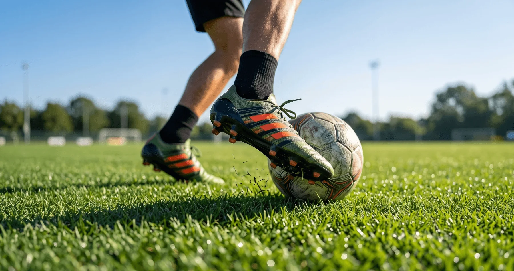 Person dribbling soccer football rehabilitating an ankle sprain through movement exercises. Using Battle Balm all natural pain cream will help the athlete recover from injury quickly, safely, & effectively.