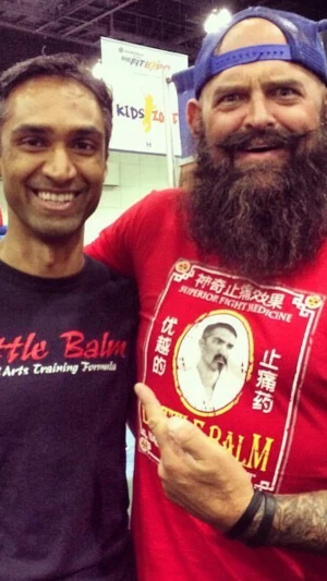 The CEO of Battle Balm and his friend from a long, long time ago showing off Battle Balm t-shirts. By the way, both dabble in acting.