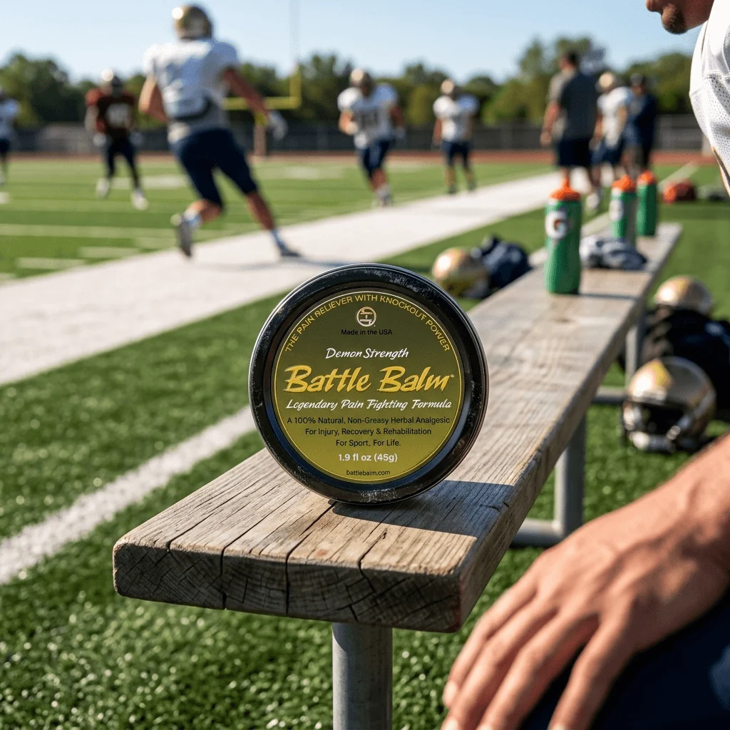 Battle Balm demon strength all natural organic topical pain cream on high school football sideline bench while athletes play a game in the background.